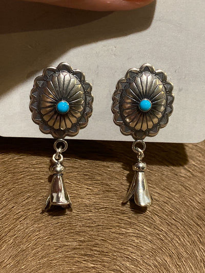 Canal Turquoise Center Concho Post Flute Blossom Earrings - 1.6"