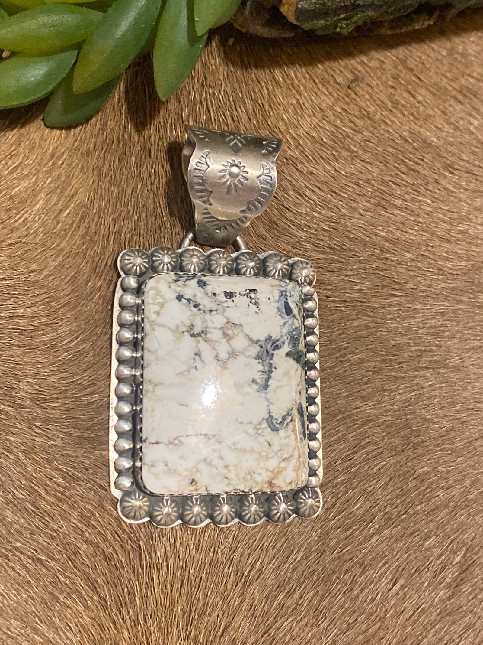 Wilco Sterling Star Framed White Buffalo Rectangle Pendant