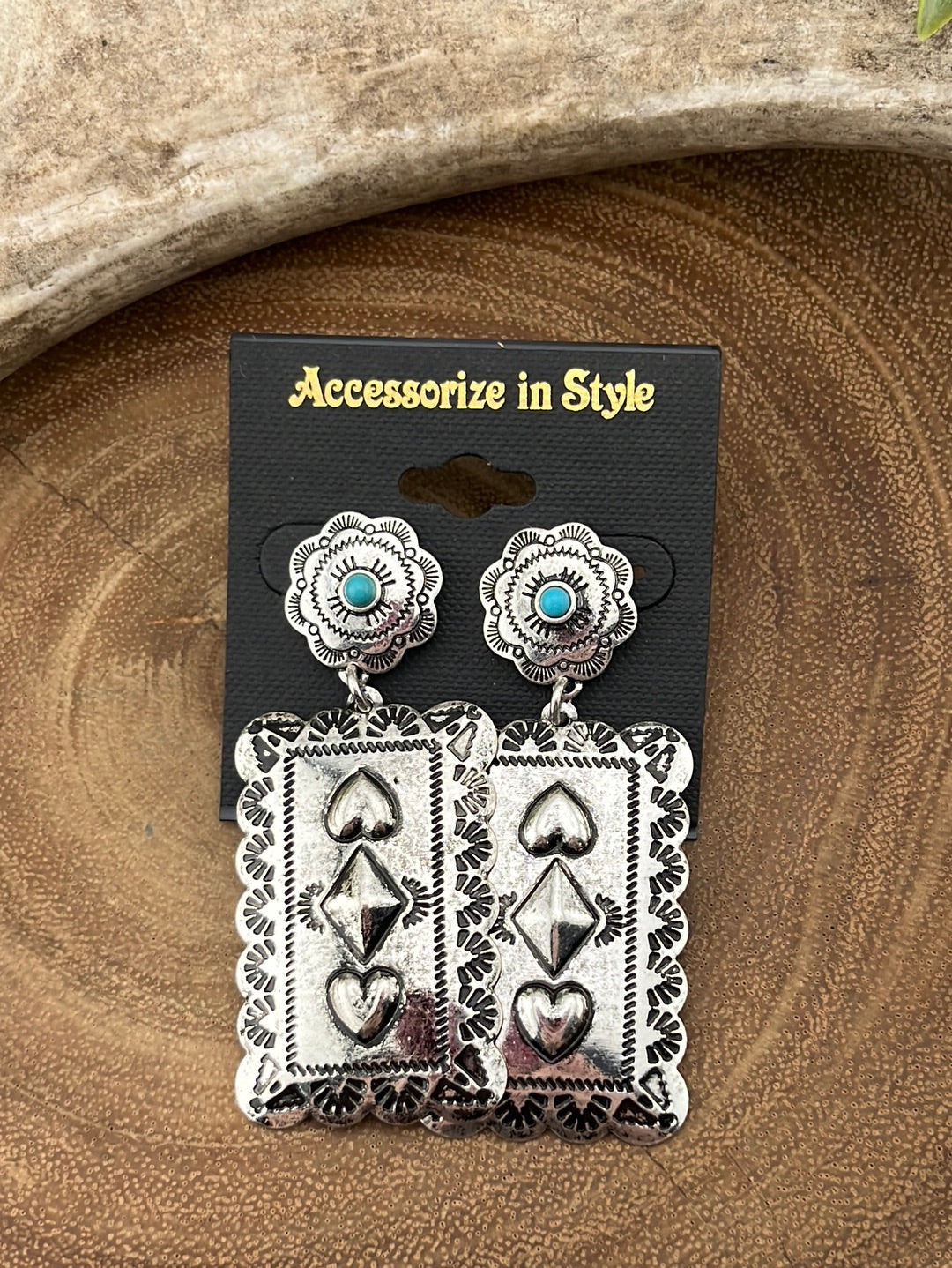 Hudson Fashion Concho Post Rectangle Heart Drop Earrings - Turquoise