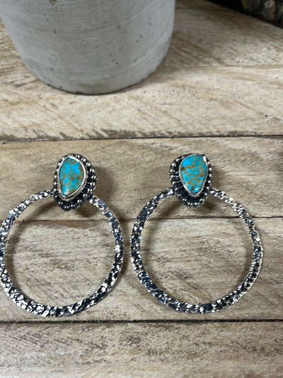 Hammered Silver Turquoise Hoop Earrings