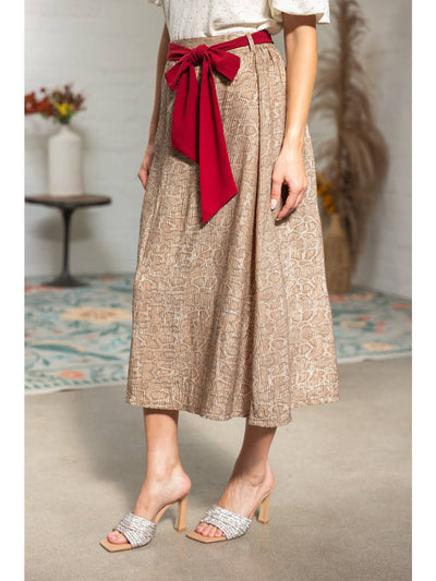 Red Contrast Tie Belt Animal Print Midi Skirt