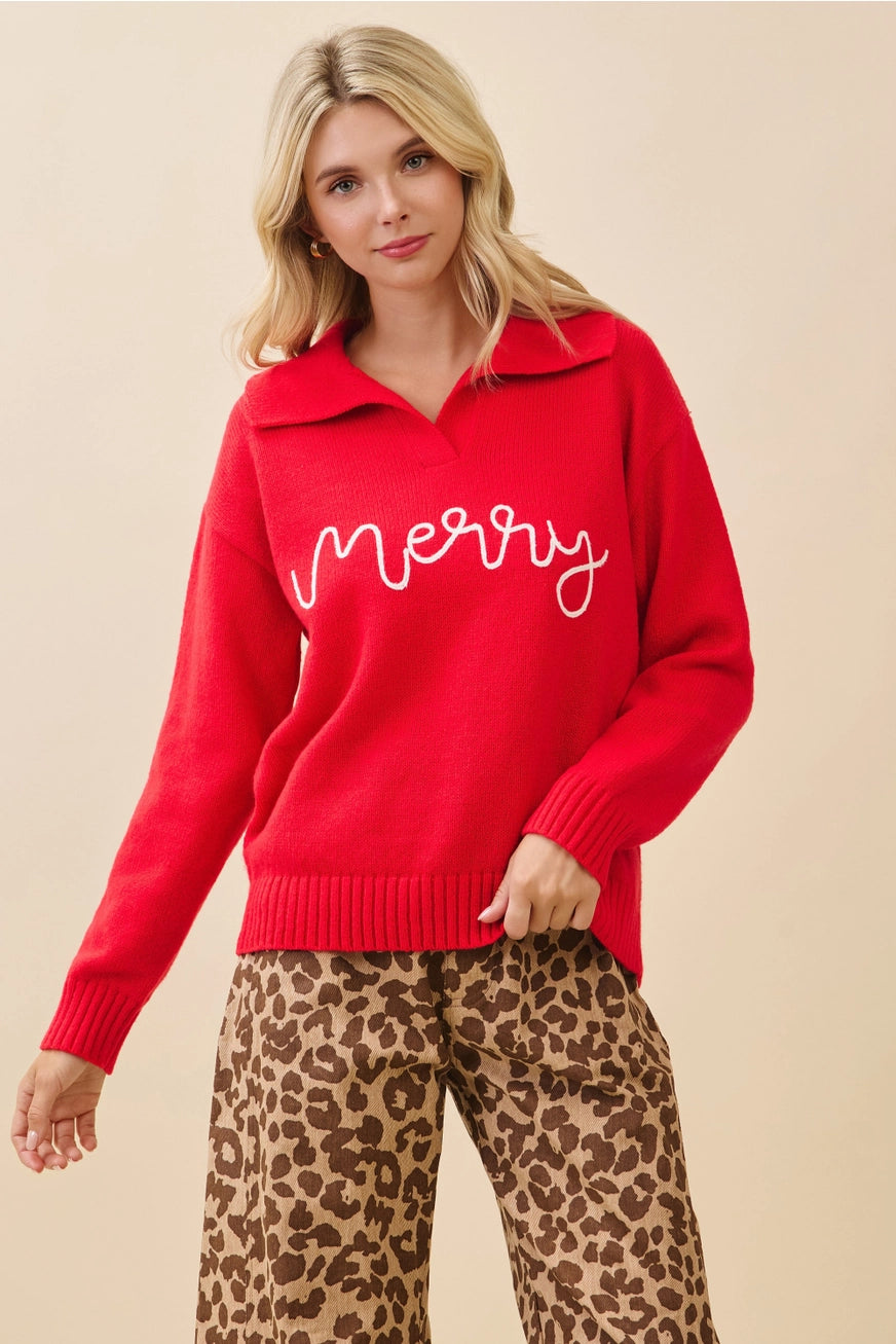 Woman wearing a red sweater with 'merry' text and leopard print pants on a beige background