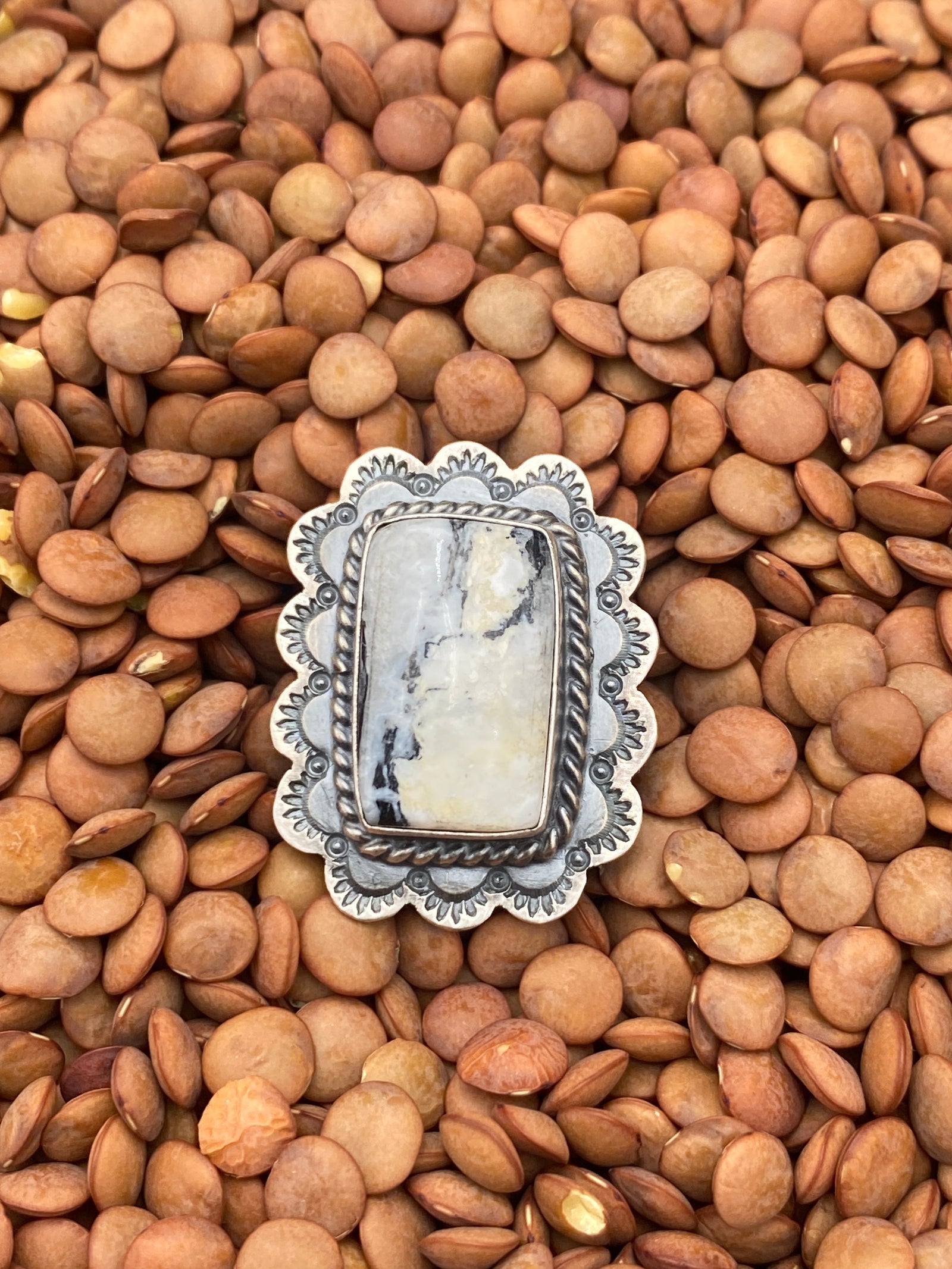 Proximo Sterling Scallop Framed White Buffalo Rectangle Ring - Size 7