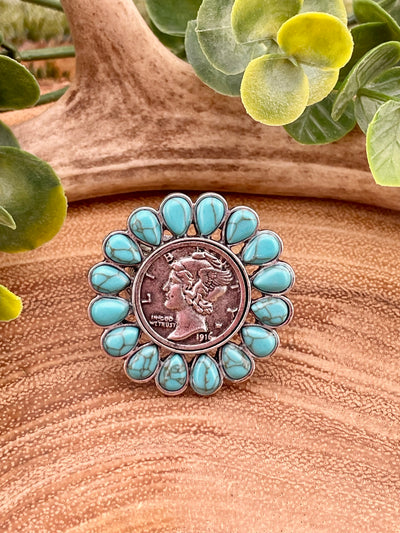 Quincy Fashion Turquoise Surround Liberty Coin Ring