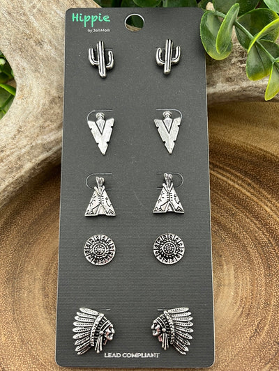 Fashion Silver Indian Cactus Themed Earring Set - 5 pairs