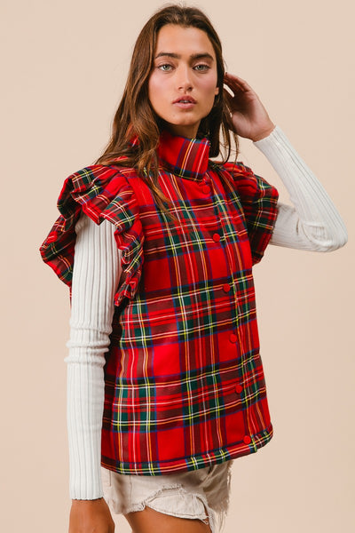Christmas Plaid Ruffled Puffer Vest