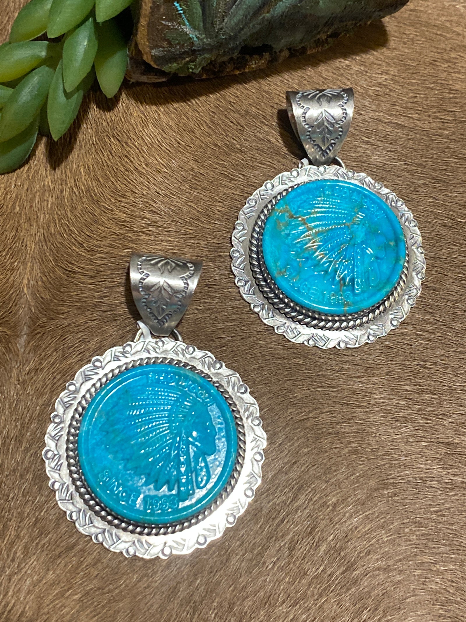 Sterling Framed Carved Turquoise Spiny Chief Pendant - 1.65