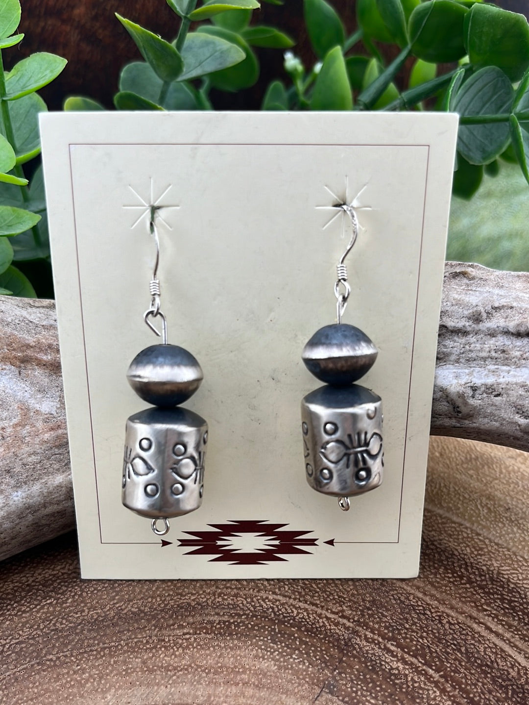 Mission Navajo Pearl & Stamped Cylinder Bead Earrings - 1.75"