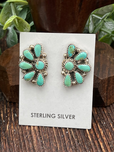 Shana Kingman Turquoise Round Center Half Circle Cluster Post Earrings - .9"