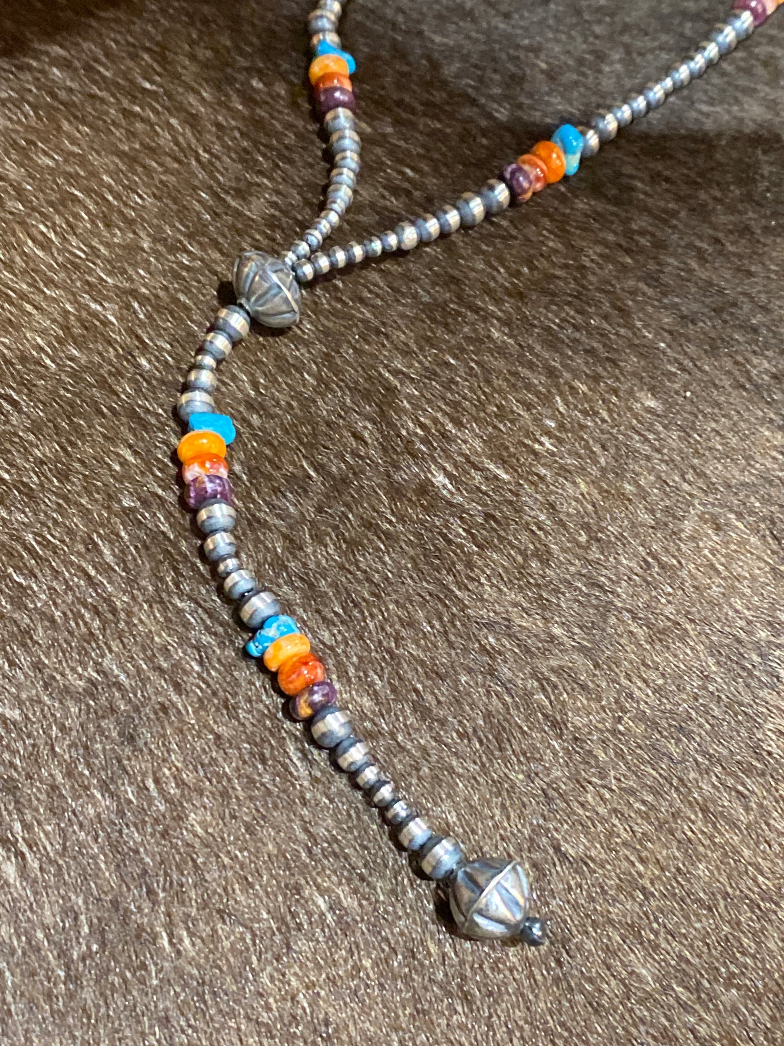 Multi Stone Silver Lariat Necklace