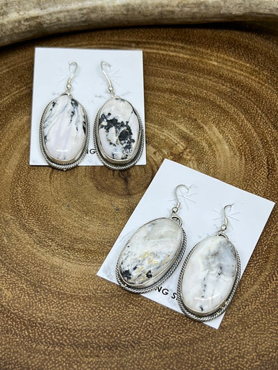 Verity Roped Oval Stone Sterling Fish Hook Earrings - White Buffalo