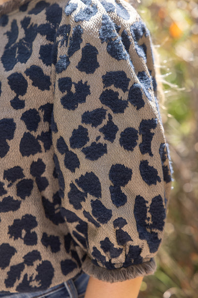 Fringe Detail Textured Animal Print Top