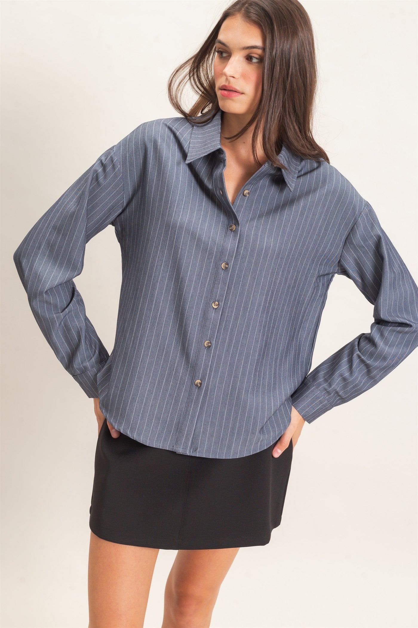 Bradford Striped Button Up Shirt - Light Navy