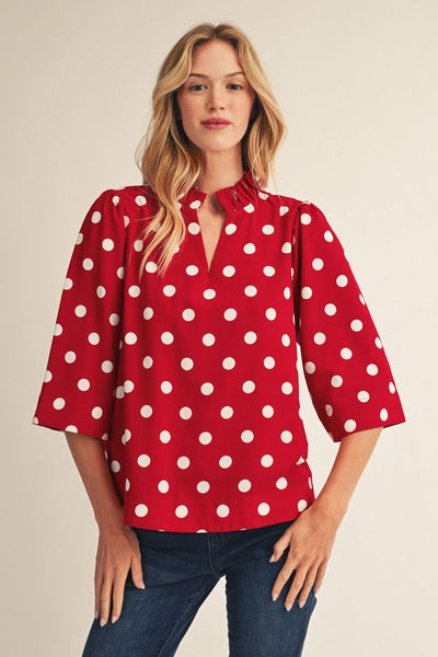 Covington Ruffle Collar V Neck Top - Polka Dots