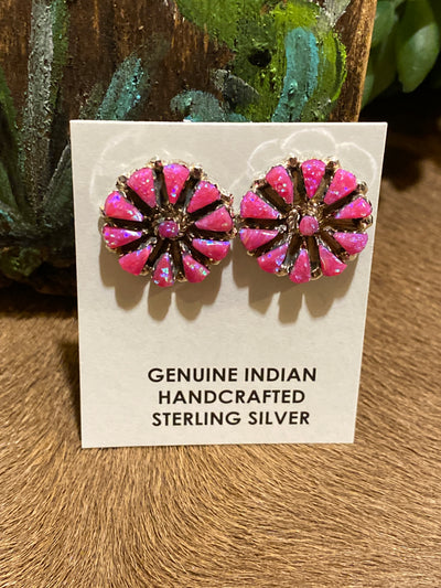 Sterling Silver Zuni Dot Cluster Post Earrings - Hot PInk Fire Opal