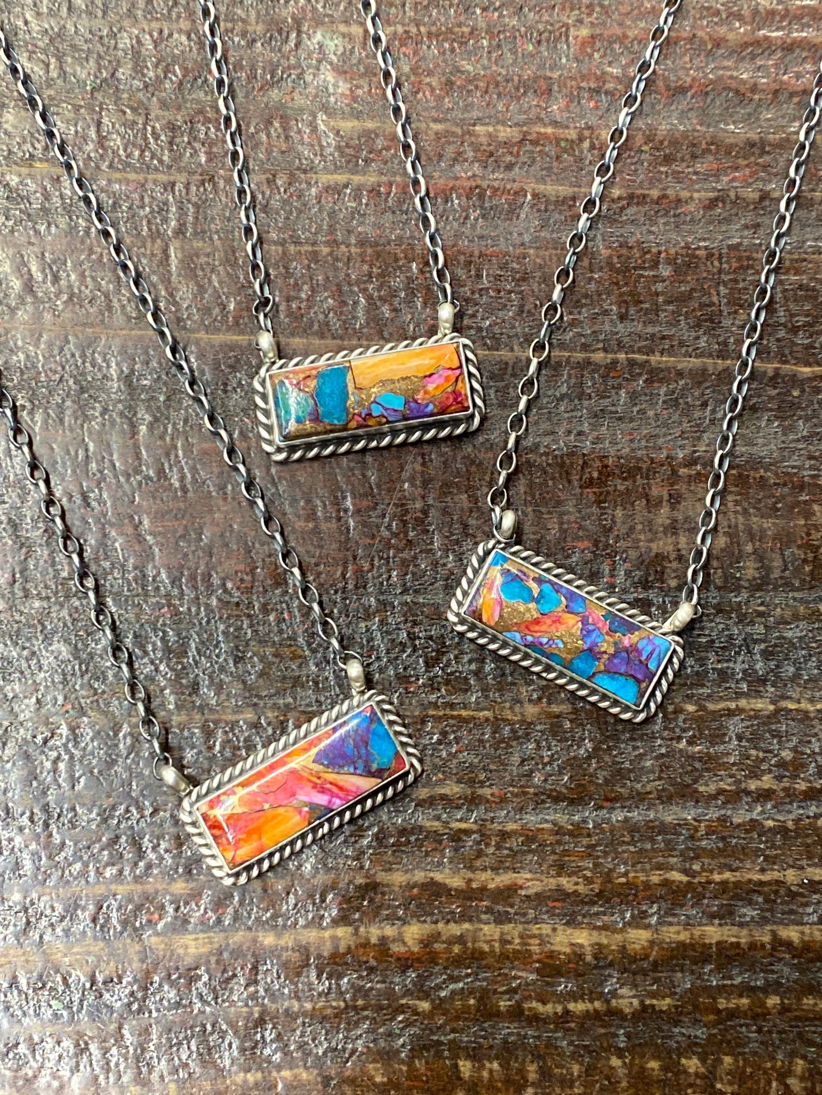 Orange Dalia Roped Sterling Kingman Turquoise Bar Necklace - 16"