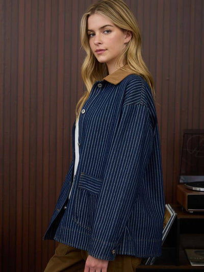 Stripe Corduroy Collar Denim Shacket