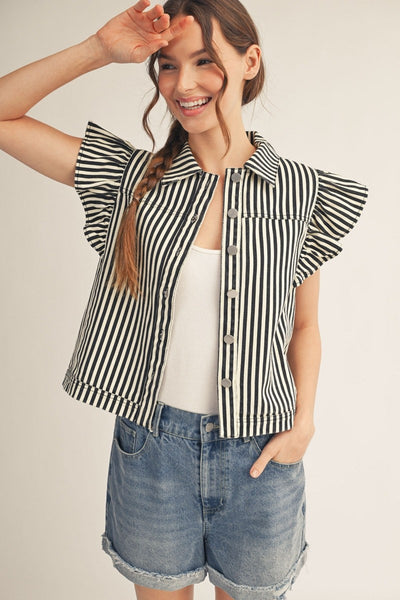 model wearing a black striped button down top with ruffle sleeves