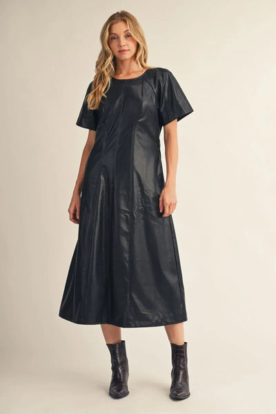 Black Faux Leather Midi Dress