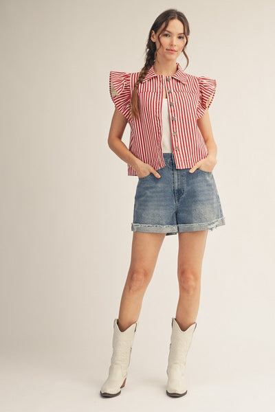 model wearing a red striped button down top with ruffle sleeves