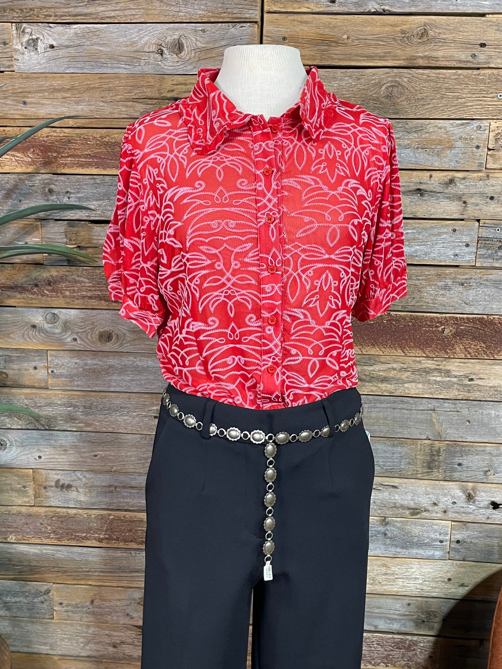Glendale Red Boot Stitch Ruffle Collar Puff Sleeve Blouse