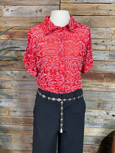 Glendale Red Boot Stitch Ruffle Collar Puff Sleeve Blouse