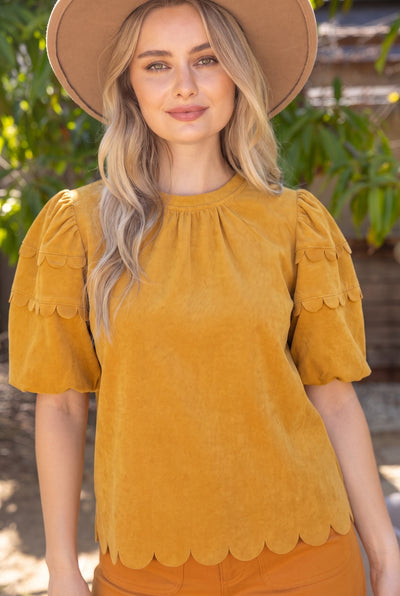 Scalloped Hemline Bubble Sleeve Solid Corduroy Top