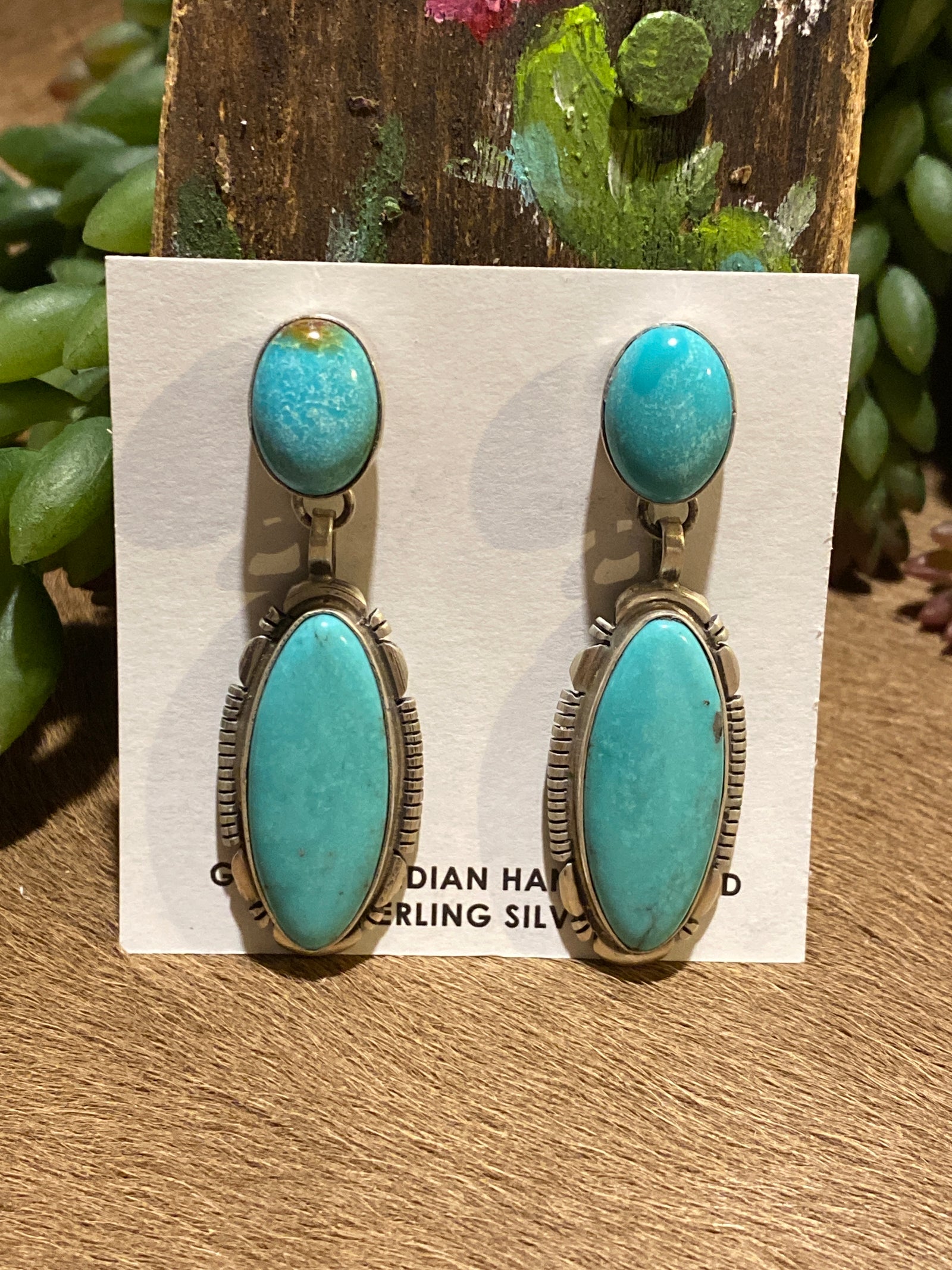 Mira Notched Sterling Turquoise Double Stone Earrings - 2.25"