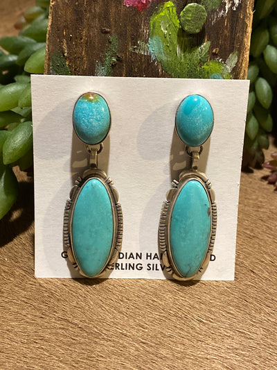 Mira Notched Sterling Turquoise Double Stone Earrings - 2.25"