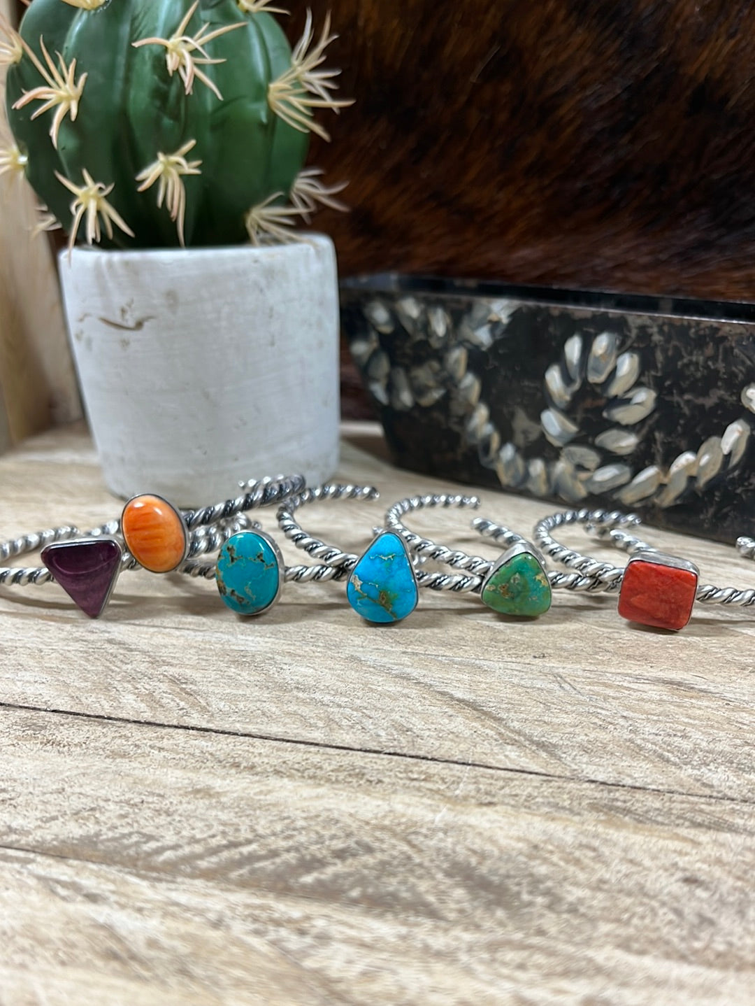 Mindy Medium Twisted Silver Stone Cuff Bracelets