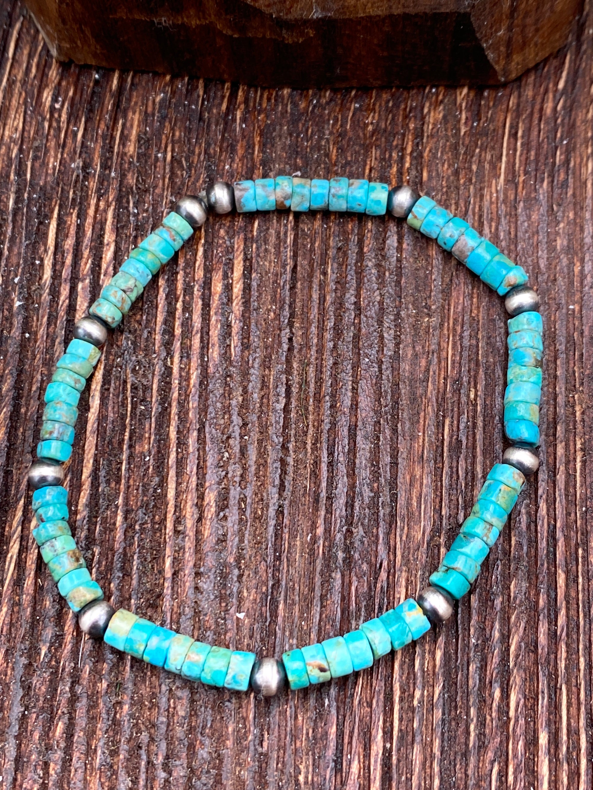 Iva Turquoise Cylinder & 4mm Navajo pearl Sterling Stretch Bracelet