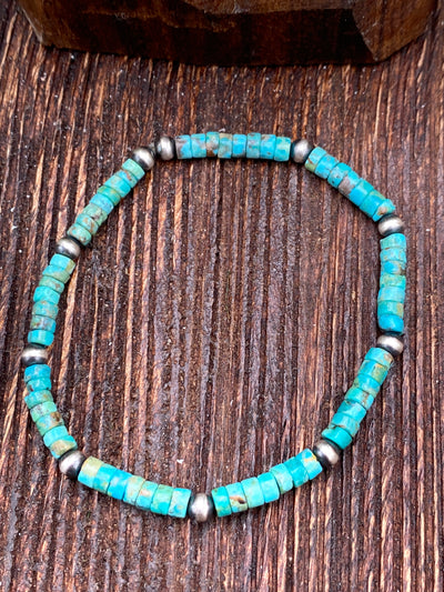 Iva Turquoise Cylinder & 4mm Navajo pearl Sterling Stretch Bracelet