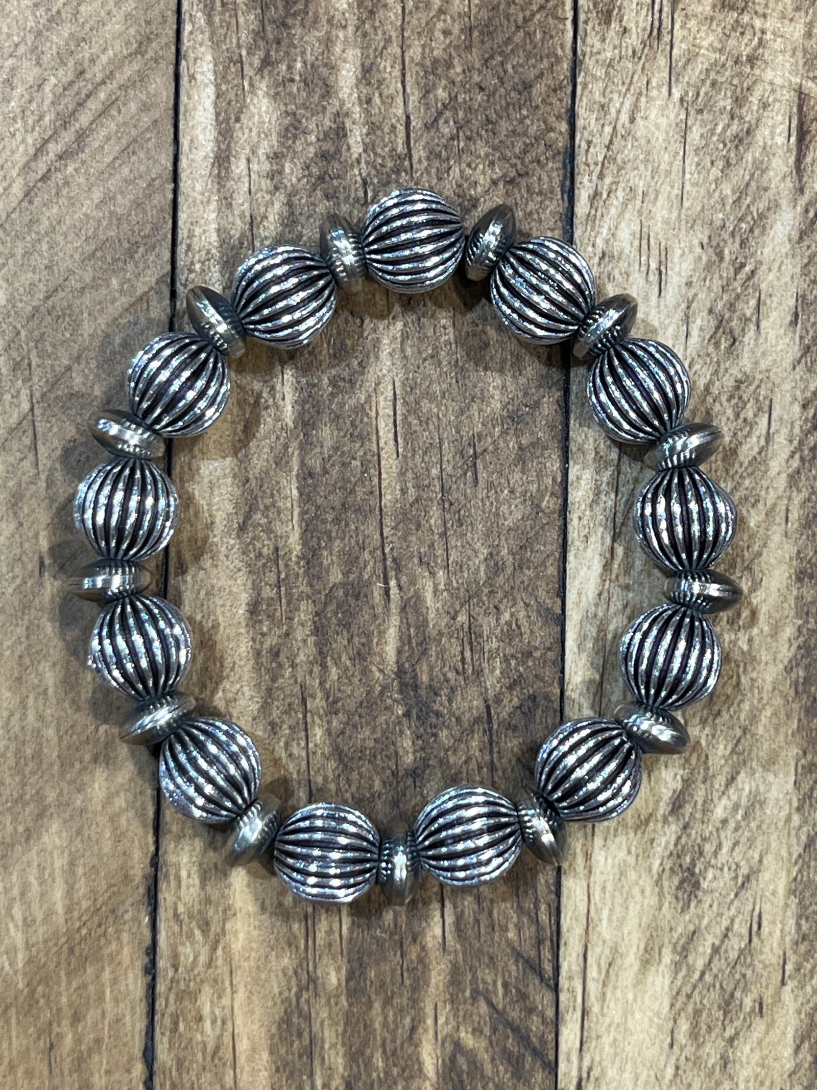 Sterling Striped Bead & Saucer Stretch Bracelet