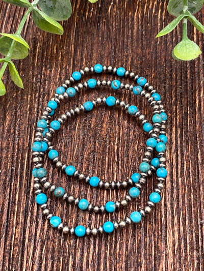 Jayco Sterling Round Turquoise & Navajo Bead Stretch Bracelet