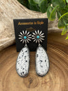 Covert Turquoise Flower Concho Post Earrings With Long Stone Drop - White