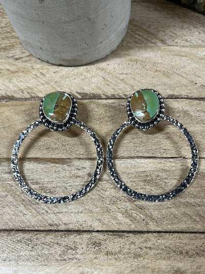 Hammered Silver Turquoise Hoop Earrings