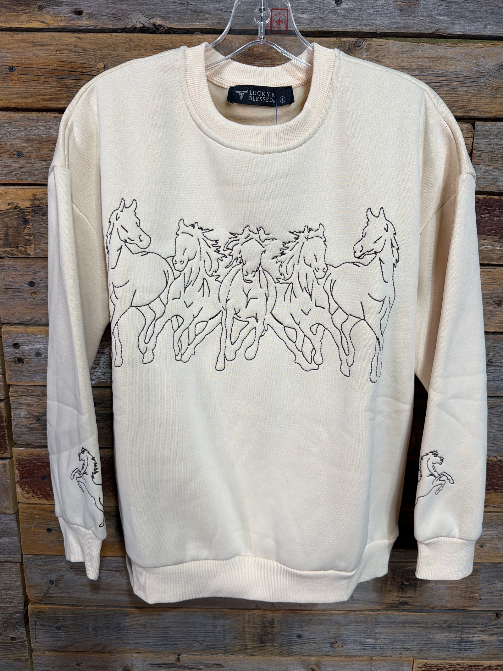 Cream Western Horse Embroidered Long Sleeve Sweatshirt