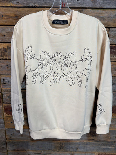 Cream Western Horse Embroidered Long Sleeve Sweatshirt