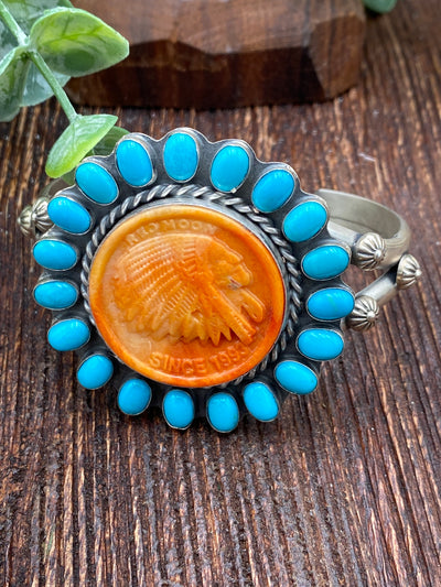 Hoverson Stamped Orange Spiny Chief Turquoise Surround Pendant Or Cuff