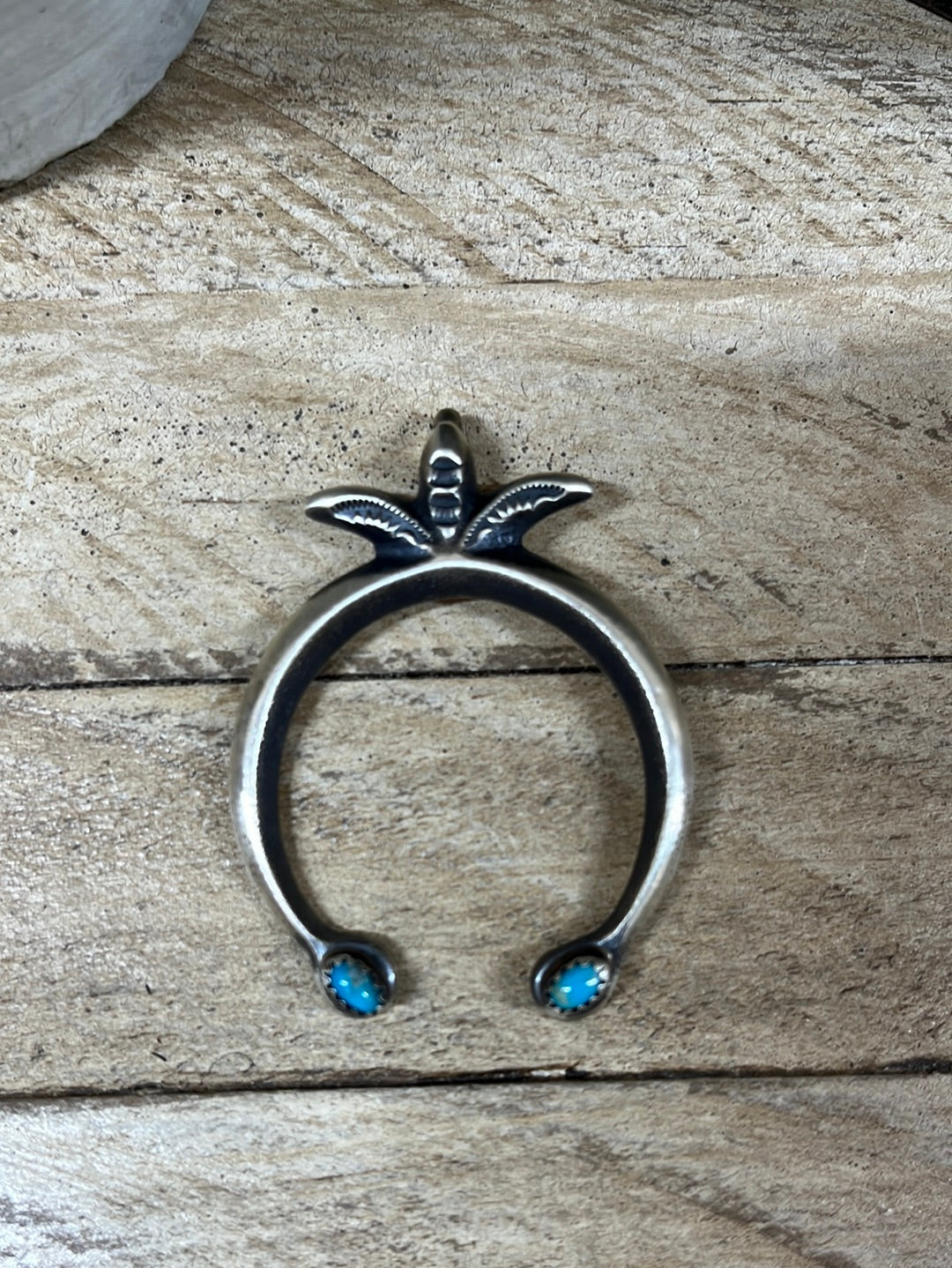 Arapaho Stamped Sterling Naja Shepherd's Hook Pendant - Turquoise