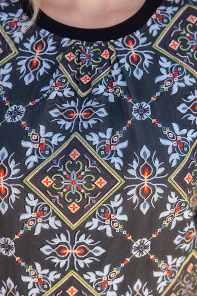 Band Detail Ornamental Tile Embroidered Print Top