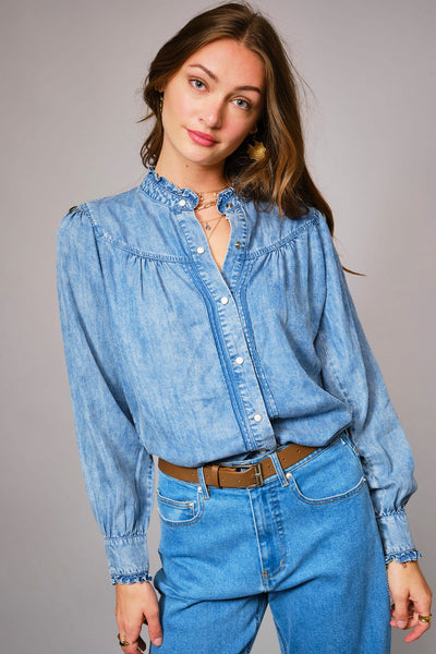 Riley Ruffle Neck Denim Snap Button Shirt