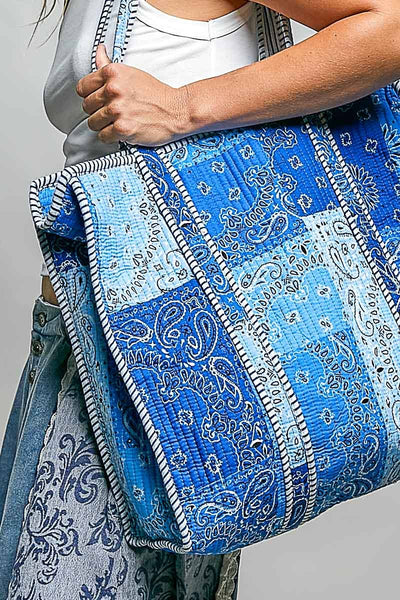 Quilted Striped Binding Roomy Fit Blue Tote Bag