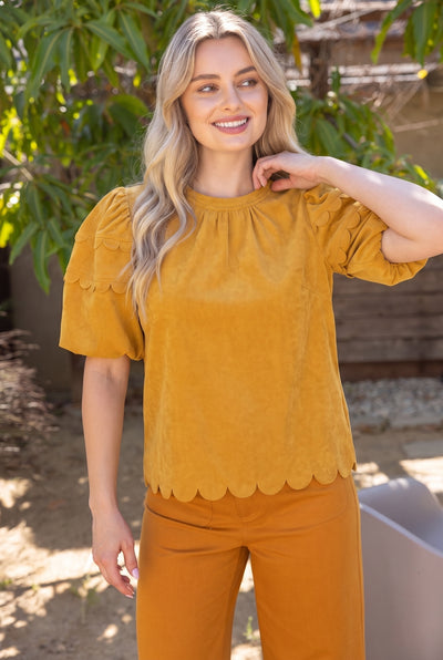 Scalloped Hemline Bubble Sleeve Solid Corduroy Top
