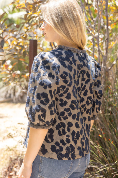 Fringe Detail Textured Animal Print Top