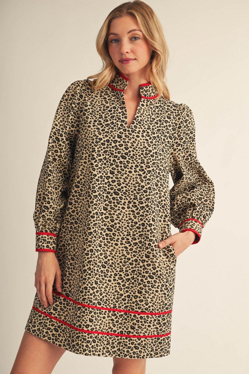 Kendra Leopard V Neck Dress With Red Contrast