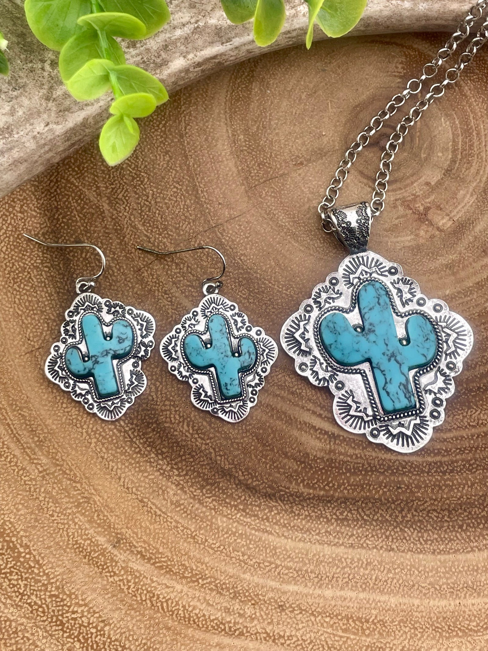 Dusty Framed Stone Cactus Necklace Or Earrings - Turquoise