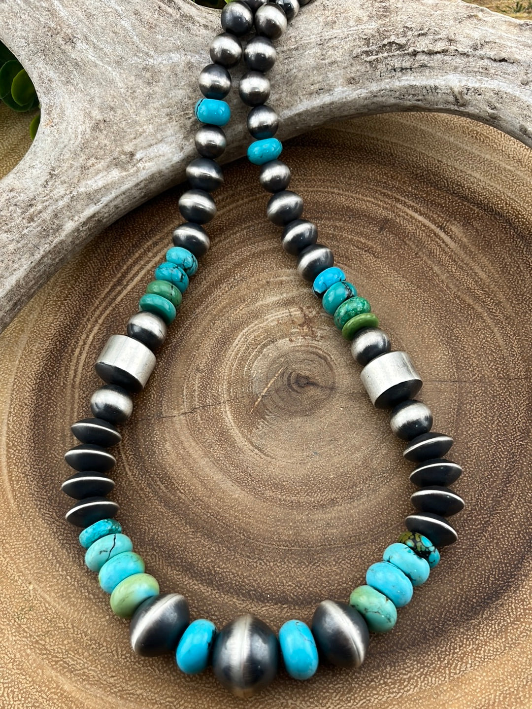 Dakota Sterling Silver Saucer Bead & Navajo Pearl with Turquoise Statement Necklace