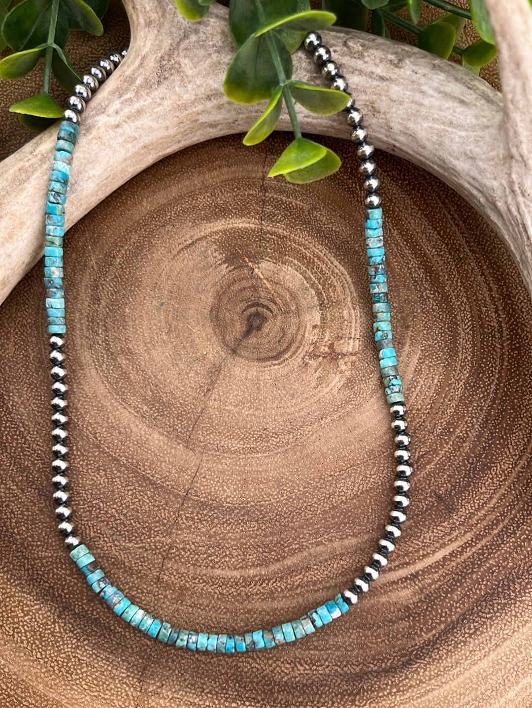 Otto Sterling 4mm Navajo & 3 Groups Turquoise Bead Necklace