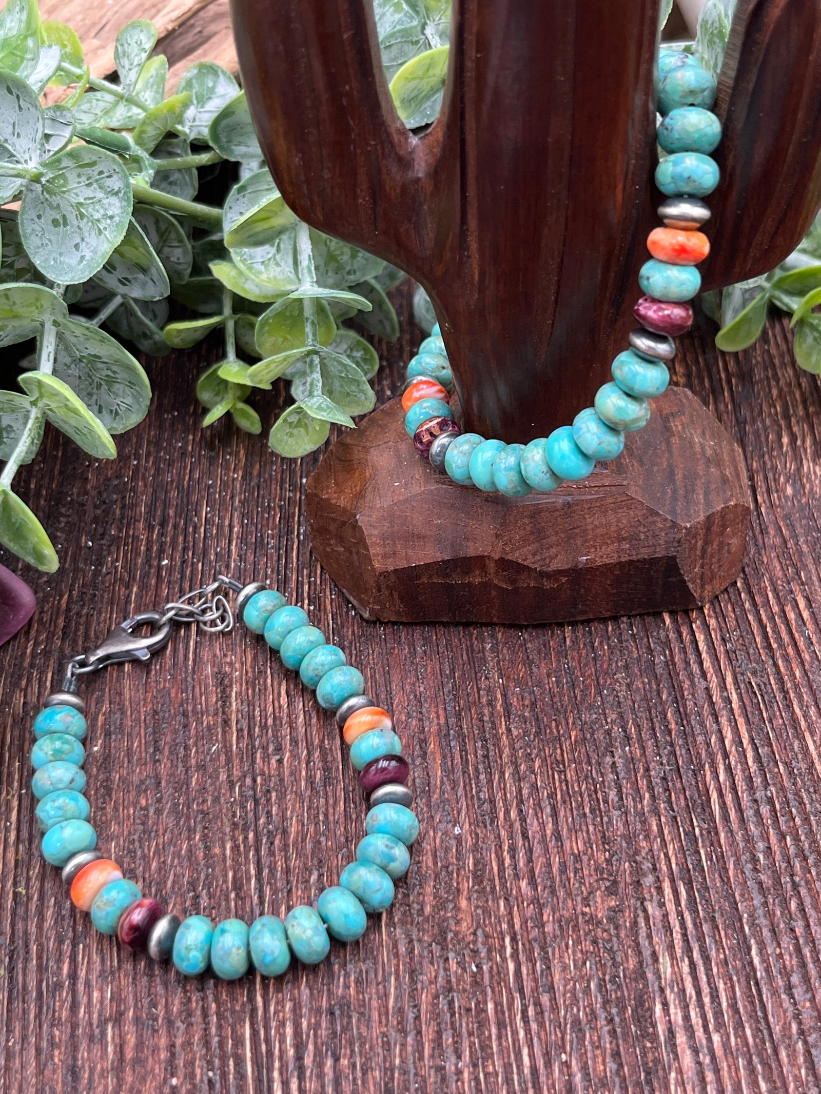Cuero Sterling Navajo Saucer, Turquoise & Spiny Bracelet - 8"